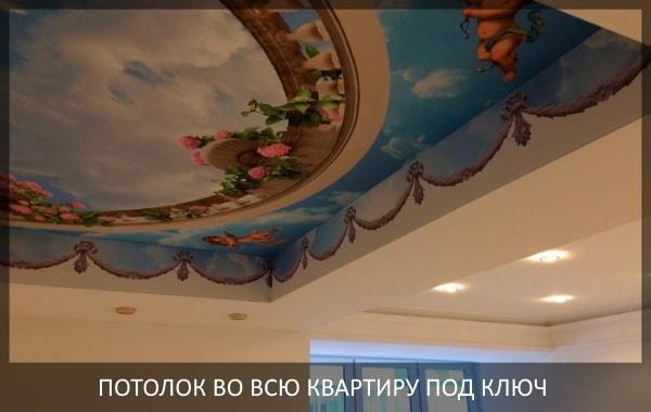 Натяжной потолок в однокомнатной квартире с фотопечатью