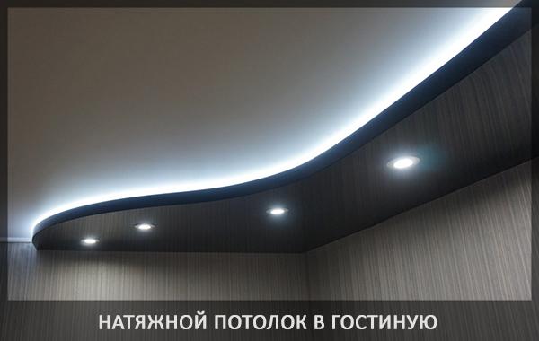 Двухуровневый натяжной потолок в гостиной фото